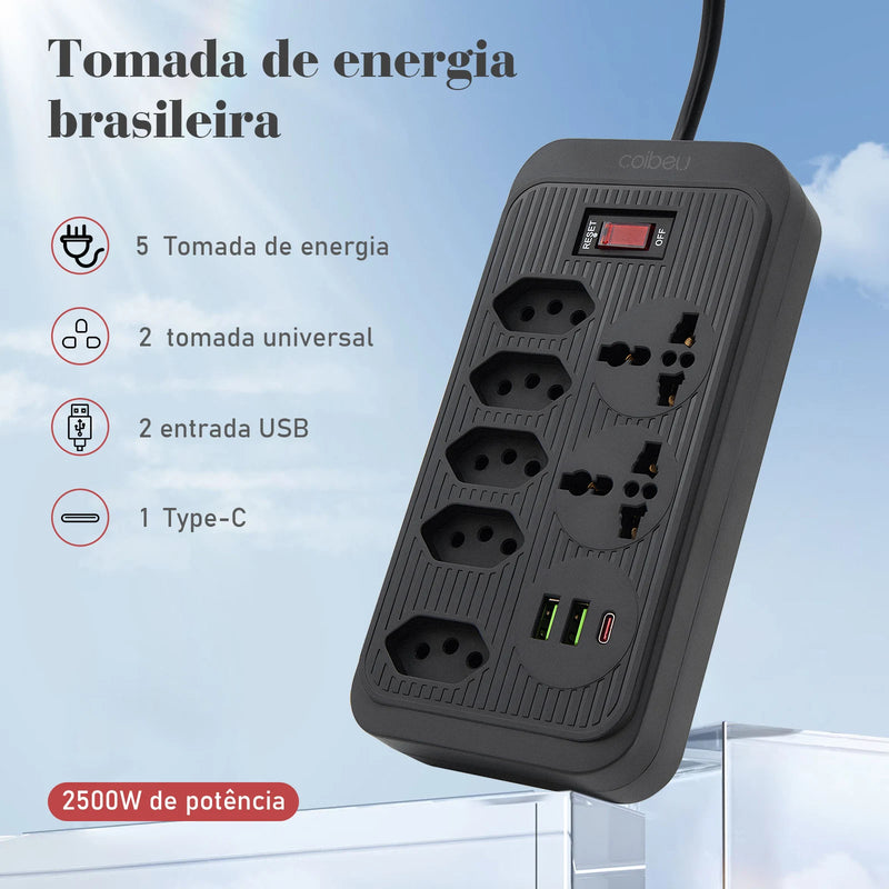 Tomada de extensão, filtro de linha, extensão de energia, soquete USB, plugue, plugue de água, filtro de linha do Brasil, 100-220V,10A