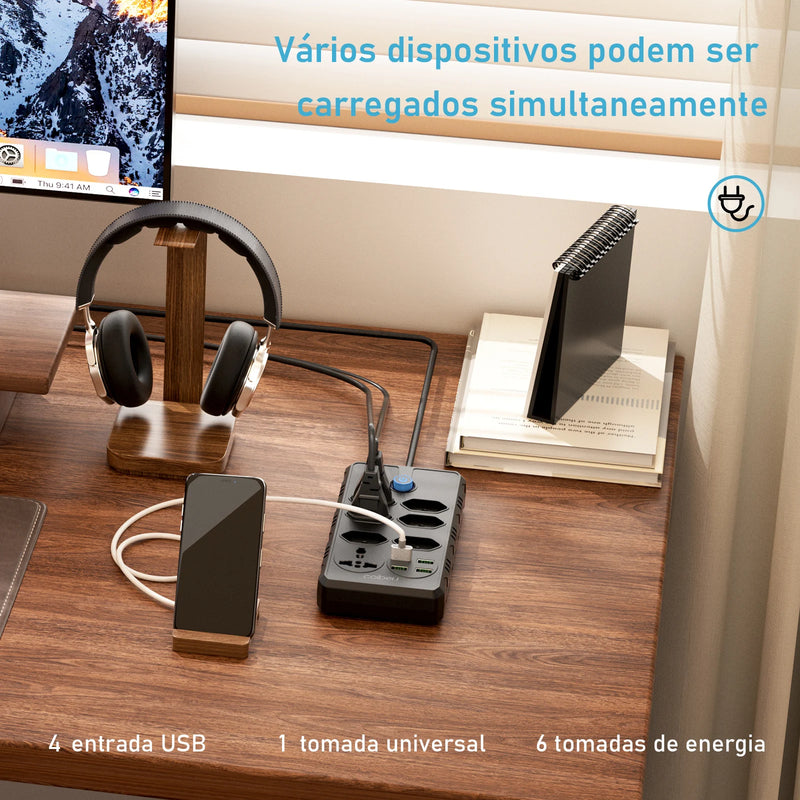 Tomada de extensão, filtro de linha, extensão de energia, soquete USB, plugue, plugue de água, filtro de linha do Brasil, 100-220V,10A