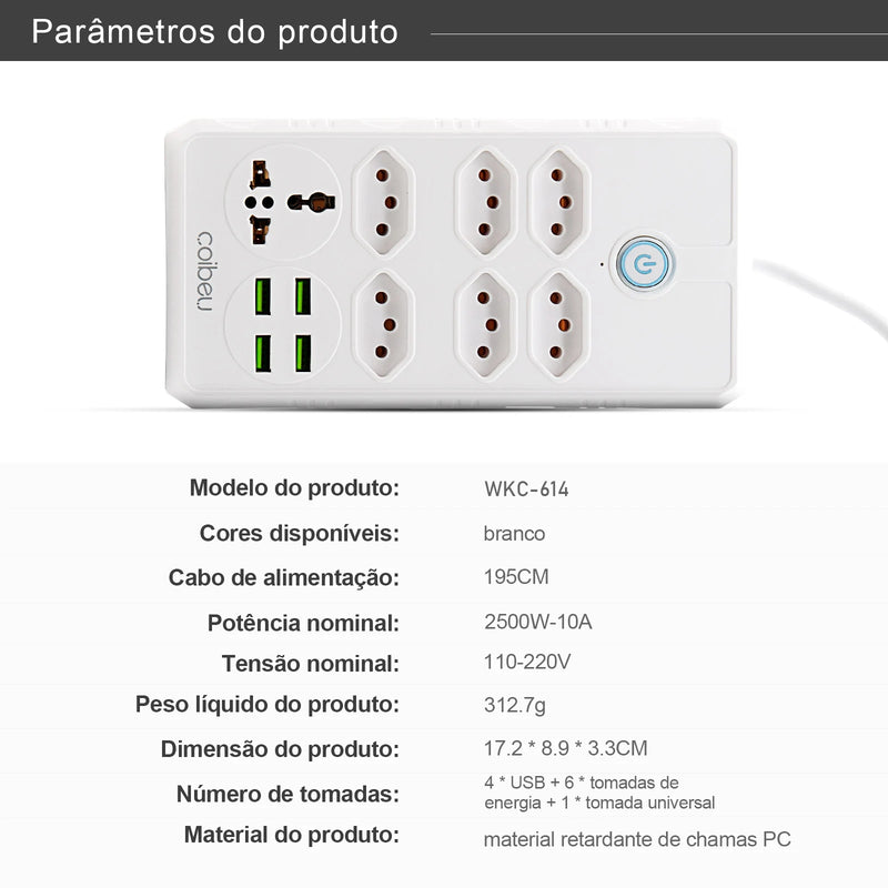 Tomada de extensão, filtro de linha, extensão de energia, soquete USB, plugue, plugue de água, filtro de linha do Brasil, 100-220V,10A