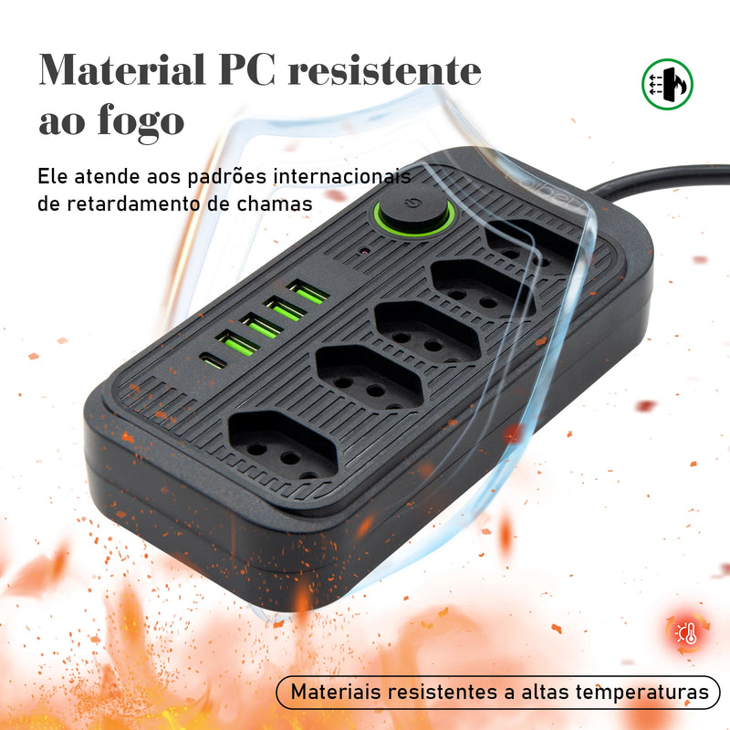 Tomada de extensão, filtro de linha, extensão de energia, soquete USB, plugue, plugue de água, filtro de linha do Brasil, 100-220V,10A