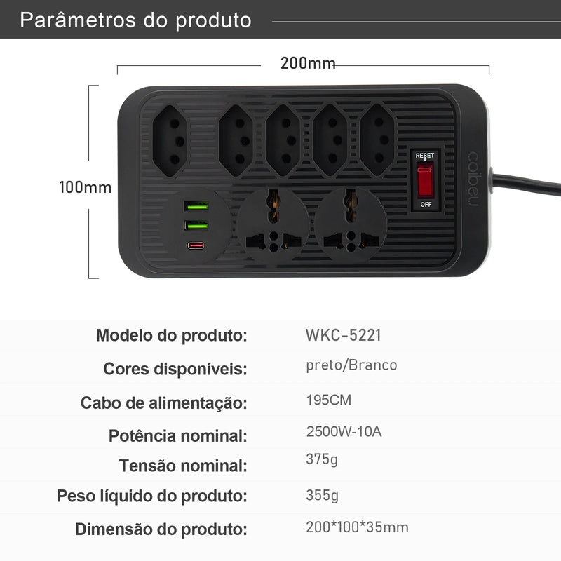 Tomada de extensão, filtro de linha, extensão de energia, soquete USB, plugue, plugue de água, filtro de linha do Brasil, 100-220V,10A