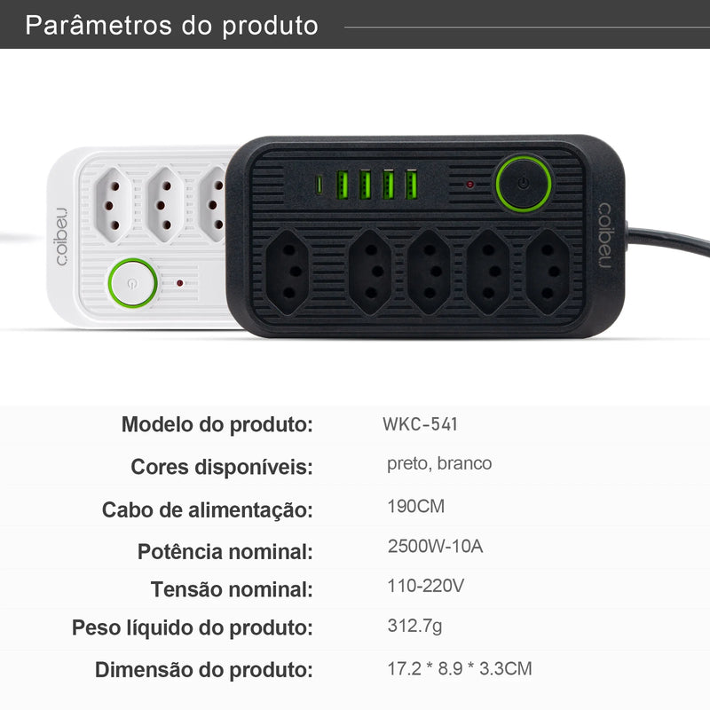 Tomada de extensão, filtro de linha, extensão de energia, soquete USB, plugue, plugue de água, filtro de linha do Brasil, 100-220V,10A