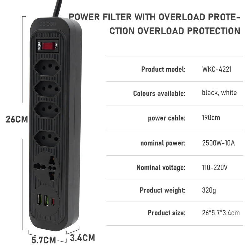 Tomada de extensão, filtro de linha, extensão de energia, soquete USB, plugue, plugue de água, filtro de linha do Brasil, 100-220V,10A