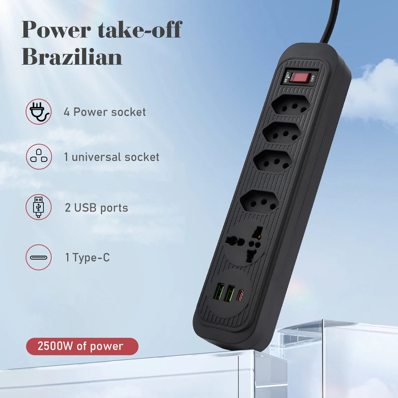 Tomada de extensão, filtro de linha, extensão de energia, soquete USB, plugue, plugue de água, filtro de linha do Brasil, 100-220V,10A