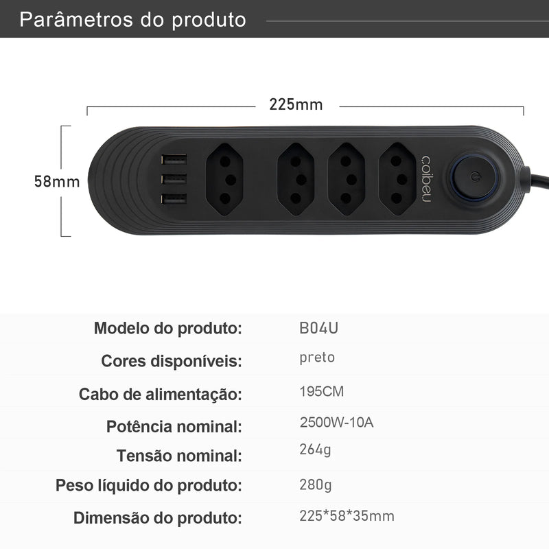 Tomada de extensão, filtro de linha, extensão de energia, soquete USB, plugue, plugue de água, filtro de linha do Brasil, 100-220V,10A