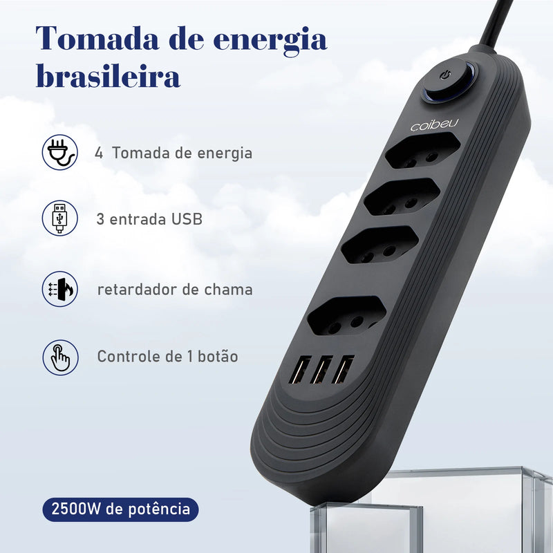 Tomada de extensão, filtro de linha, extensão de energia, soquete USB, plugue, plugue de água, filtro de linha do Brasil, 100-220V,10A